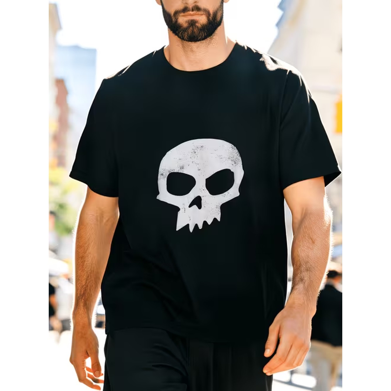 Street Fashion Outfit For Men - T-shirt noir à imprimé crâne pour
